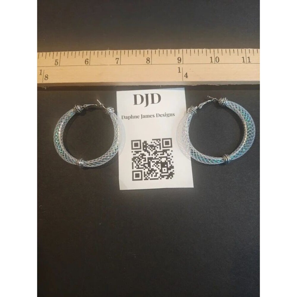Handmade White Mesh Tube Hoop Earrings | Silver Bead Accents